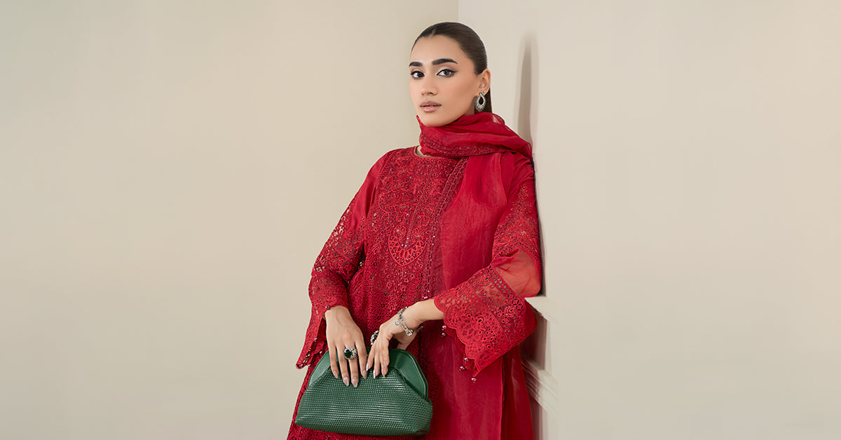 Maria B | Luxury Winter Pret 25 | DW-EF25-08-Red by Maria B - Designer Dress  - Type : Ladies Clothes - Available at Libayah - 100% Original 
