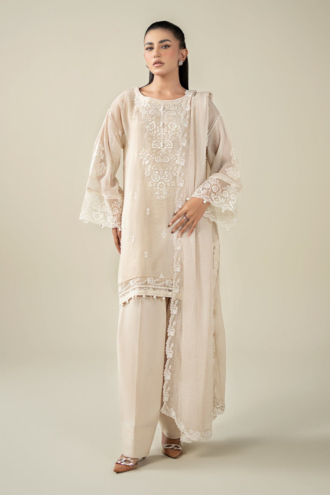 Maria B | Luxury Winter Pret 25 | DW-EA25-123-Off White by Maria B - Designer Dress  - Type : Ladies Clothes - Available at Libayah - 100% Original 