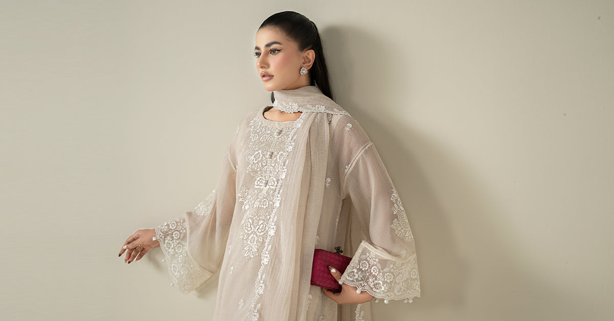 Maria B | Luxury Winter Pret 25 | DW-EA25-123-Off White by Maria B - Designer Dress  - Type : Ladies Clothes - Available at Libayah - 100% Original 