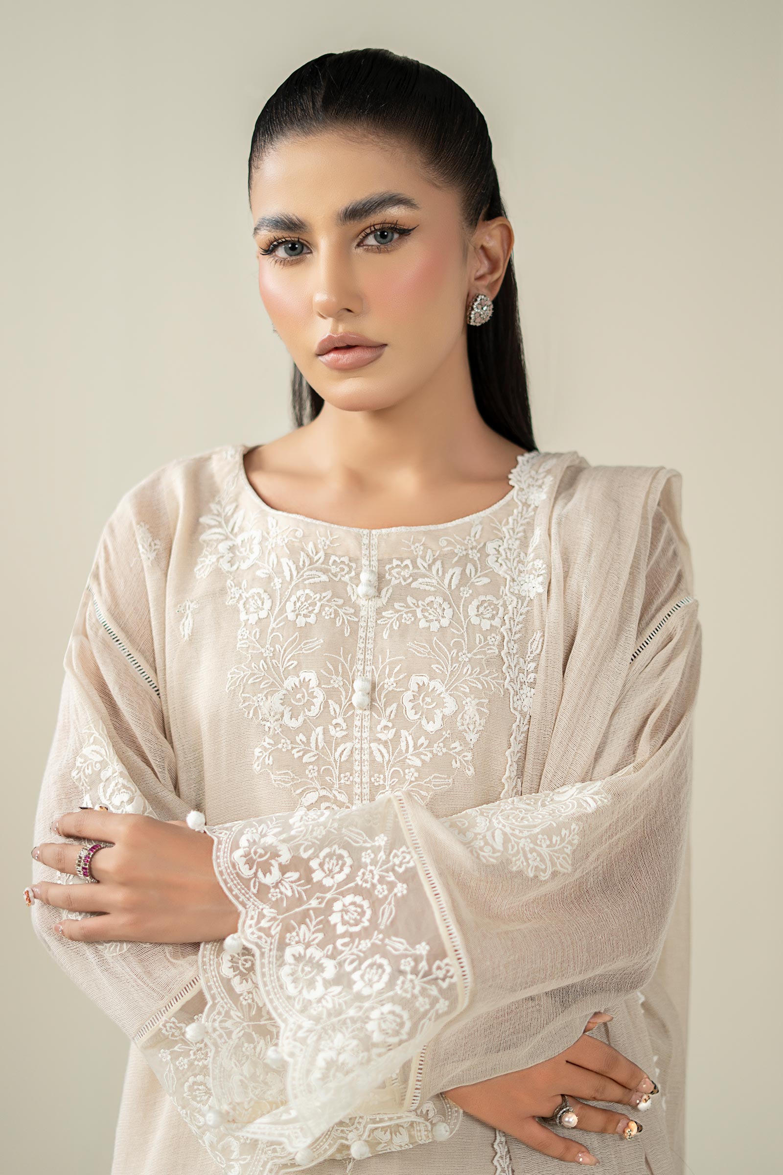 Maria B | Luxury Winter Pret 25 | DW-EA25-123-Off White by Maria B - Designer Dress  - Type : Ladies Clothes - Available at Libayah - 100% Original 