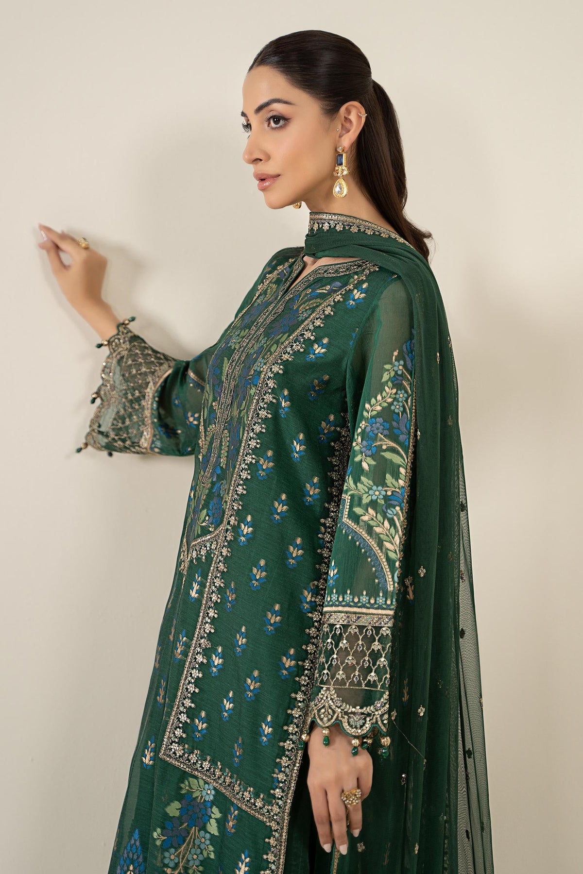 Maria B | Pre Fall Dresses | 3 Piece Embroidered Jacquard Suit Dark Teal Green by Maria B - Designer Dress  - Type : Ladies Clothes - Available at Libayah - 100% Original 