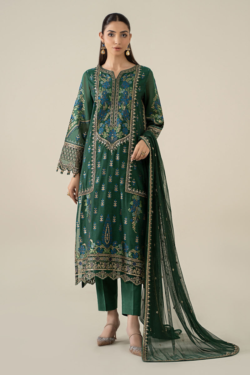 Maria B | Pre Fall Dresses | 3 Piece Embroidered Jacquard Suit Dark Teal Green by Maria B - Designer Dress  - Type : Ladies Clothes - Available at Libayah - 100% Original 