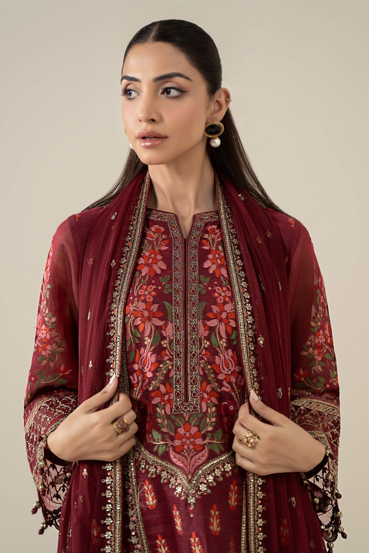 Maria B | Pre Fall Dresses | 3 Piece Embroidered Jacquard Suit Red by Maria B - Designer Dress  - Type : Ladies Clothes - Available at Libayah - 100% Original 
