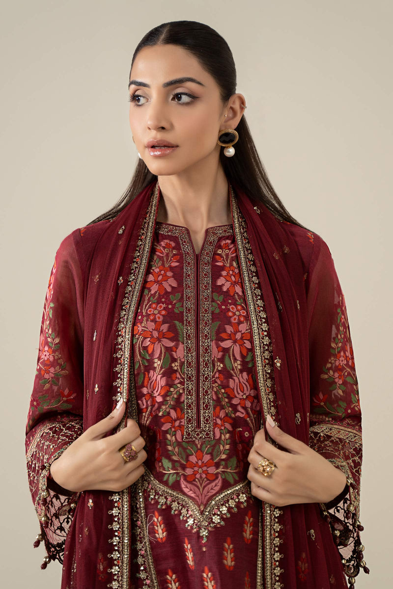 Maria B | Pre Fall Dresses | 3 Piece Embroidered Jacquard Suit Red by Maria B - Designer Dress  - Type : Ladies Clothes - Available at Libayah - 100% Original 