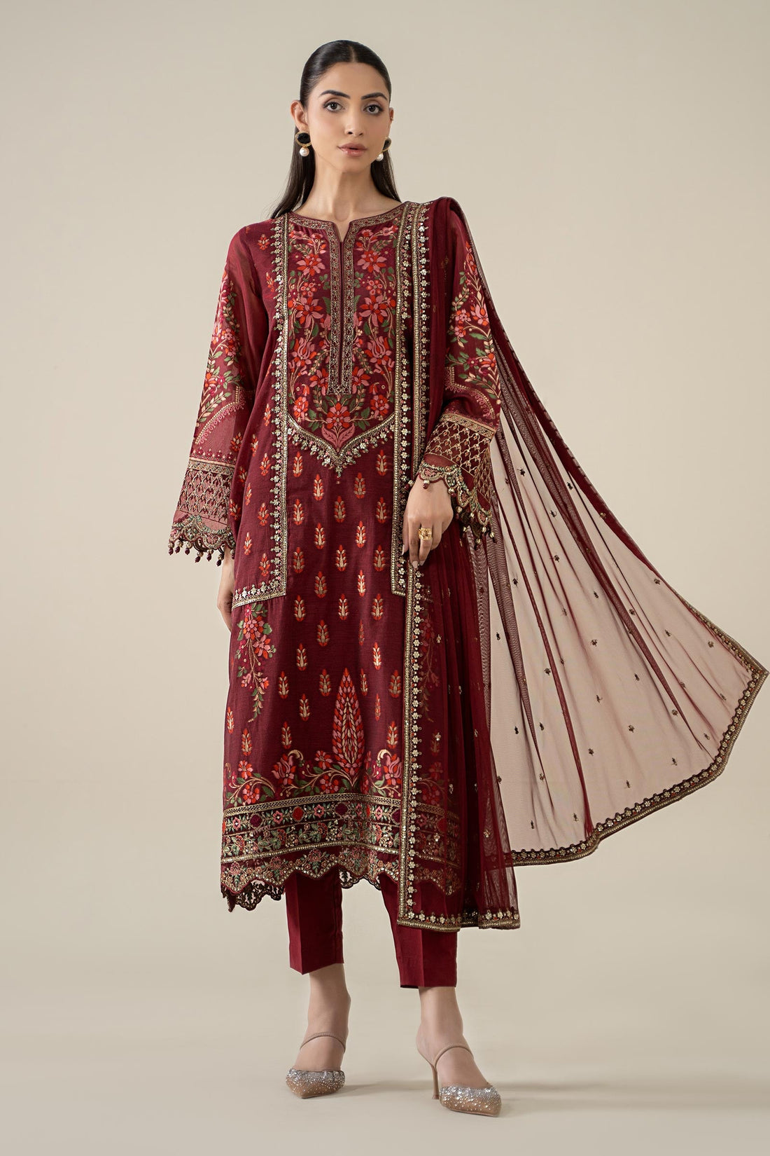 Maria B | Pre Fall Dresses | 3 Piece Embroidered Jacquard Suit Red by Maria B - Designer Dress  - Type : Ladies Clothes - Available at Libayah - 100% Original 