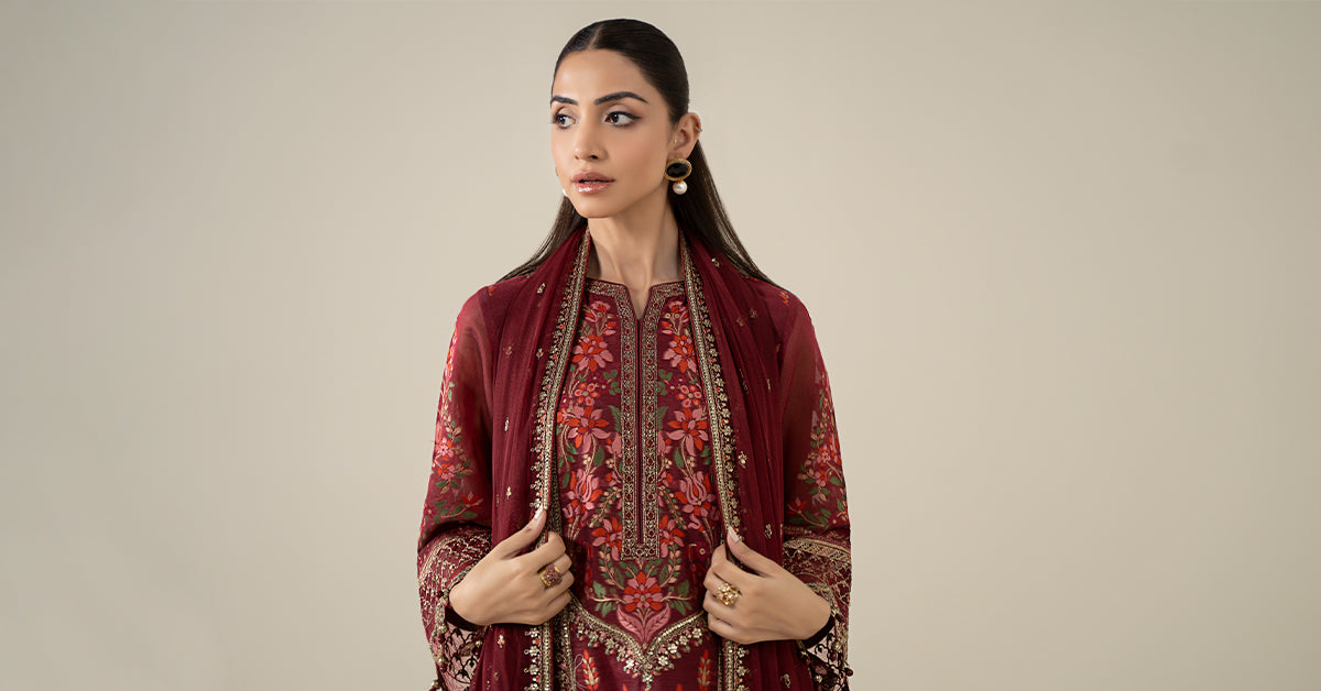 Maria B | Luxury Winter Pret 25 | DW-EA25-59-Red by Maria B - Designer Dress  - Type : Ladies Clothes - Available at Libayah - 100% Original 