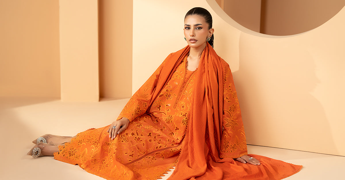 Maria B | Luxury Pret Pre Fall | DW-EF26-30-Orange by Maria B - Designer Dress  - Type : Ladies Clothes - Available at Libayah - 100% Original 