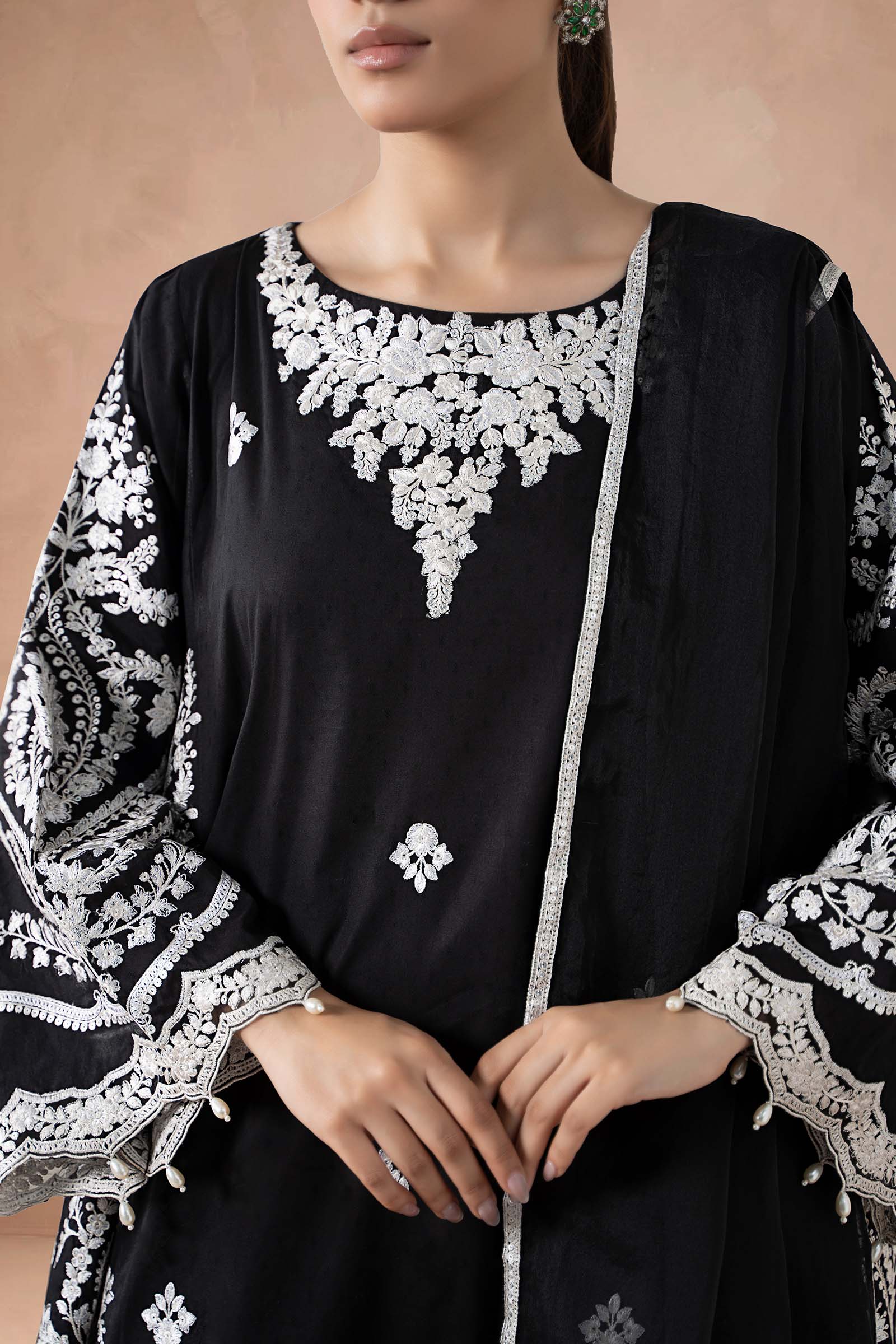 Maria B | Pre Fall Dresses | 3 Piece Embroidered Self Jacquard Suit Black by Maria B - Designer Dress  - Type : Ladies Clothes - Available at Libayah - 100% Original 