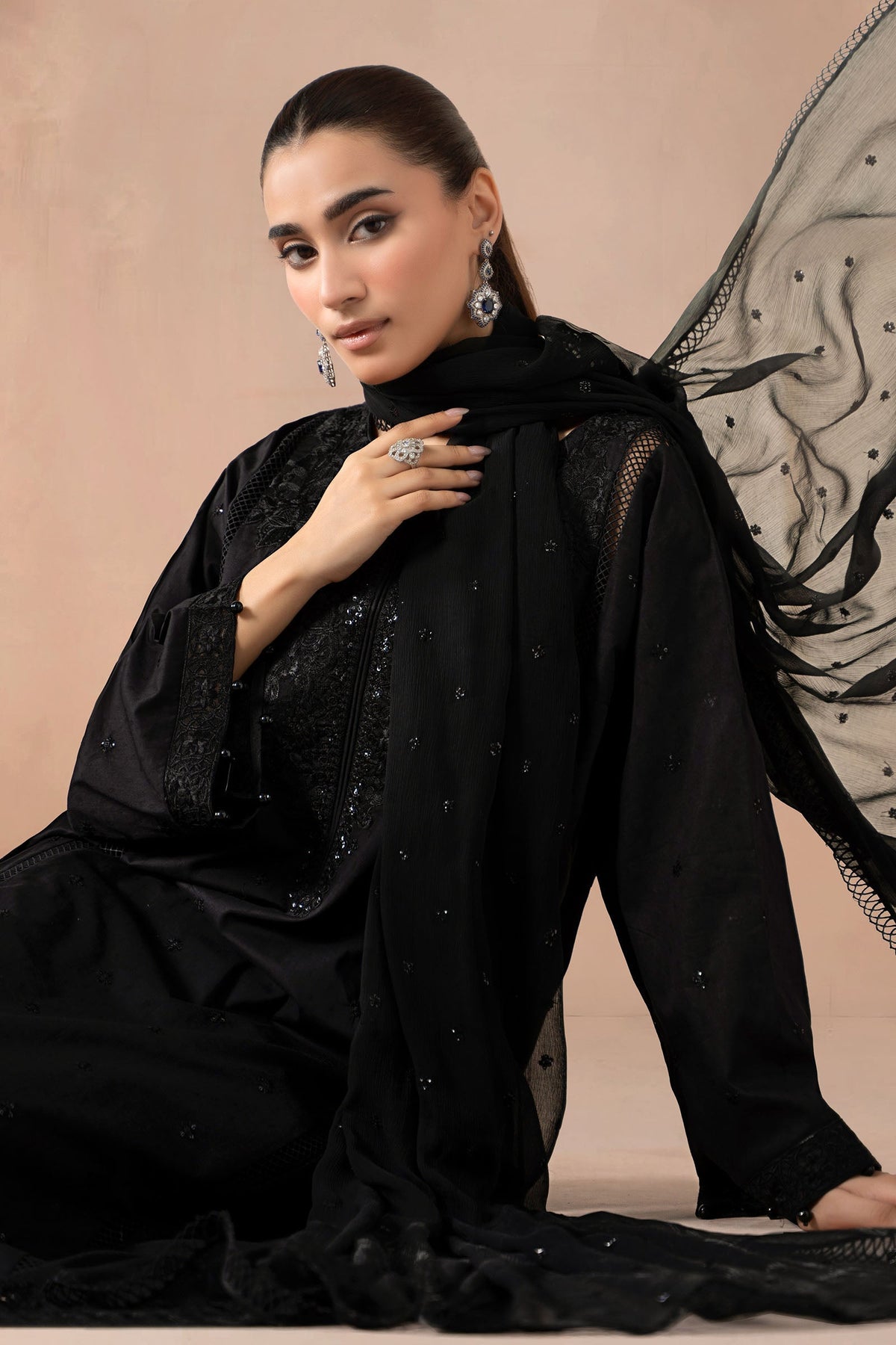 Maria B | Pre Fall Dresses | 3 Piece Embroidered Self Jacquard Suit Black1 by Maria B - Designer Dress  - Type : Ladies Clothes - Available at Libayah - 100% Original 