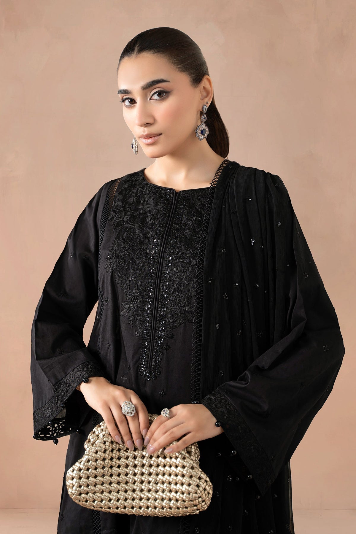 Maria B | Pre Fall Dresses | 3 Piece Embroidered Self Jacquard Suit Black1 by Maria B - Designer Dress  - Type : Ladies Clothes - Available at Libayah - 100% Original 