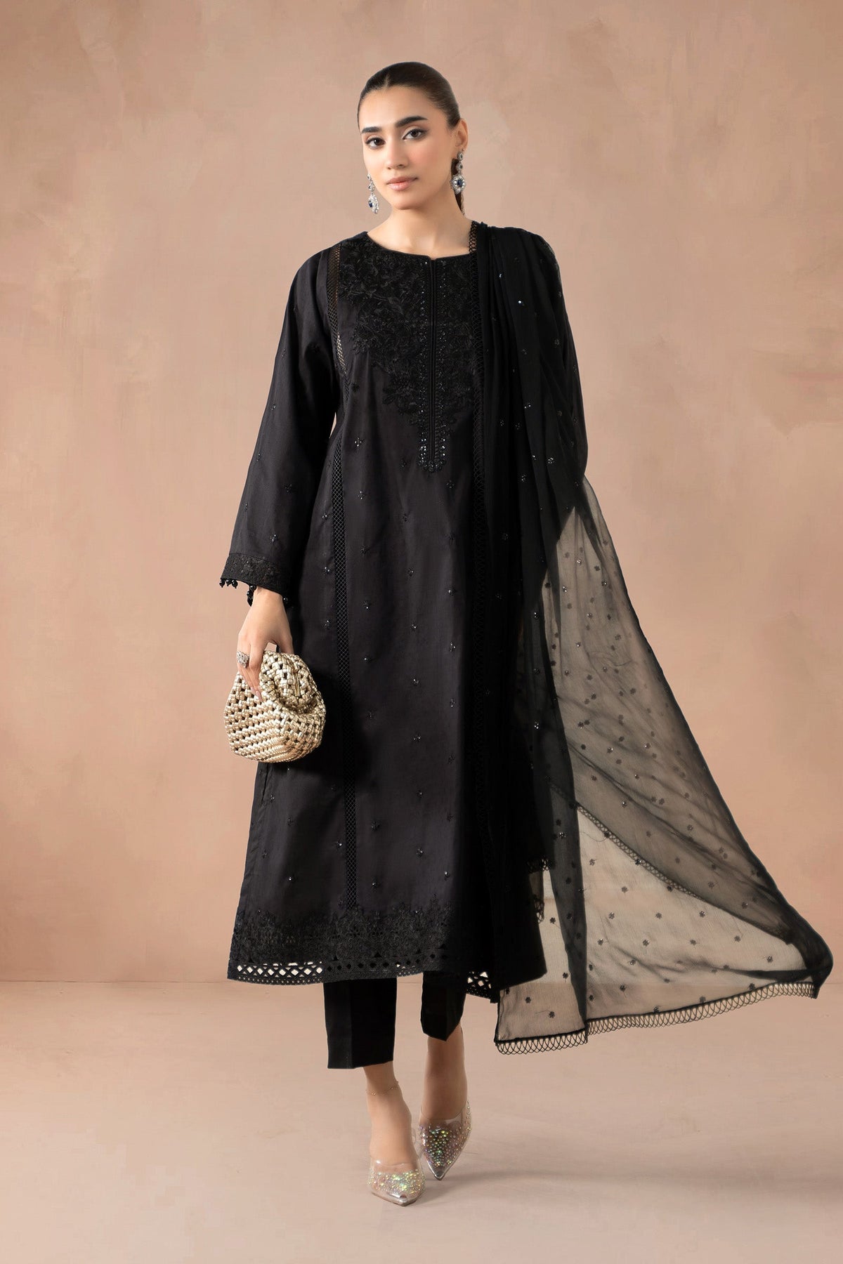 Maria B | Pre Fall Dresses | 3 Piece Embroidered Self Jacquard Suit Black1 by Maria B - Designer Dress  - Type : Ladies Clothes - Available at Libayah - 100% Original 