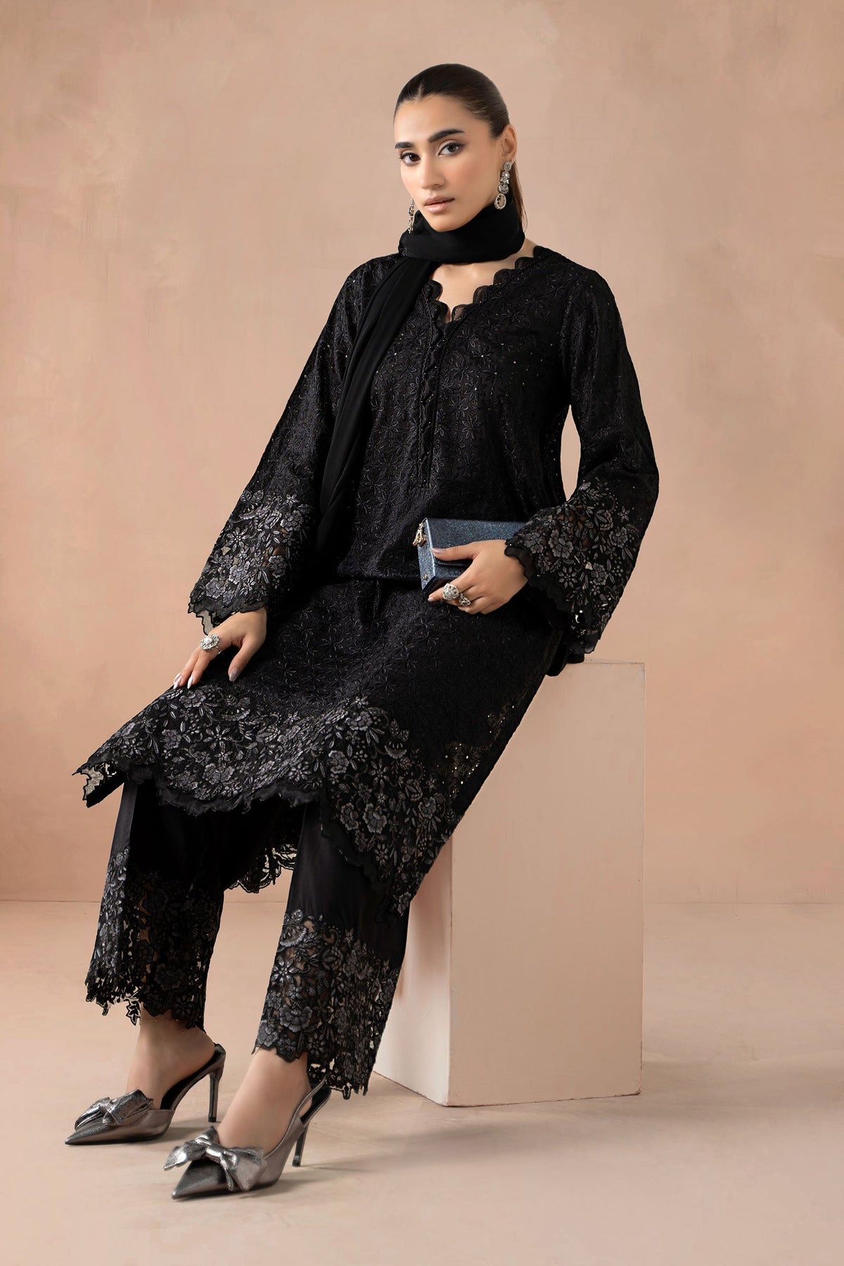 Maria B | Luxury Winter Pret 25 | DW-MN25-11-Black by Maria B - Designer Dress  - Type : Ladies Clothes - Available at Libayah - 100% Original 