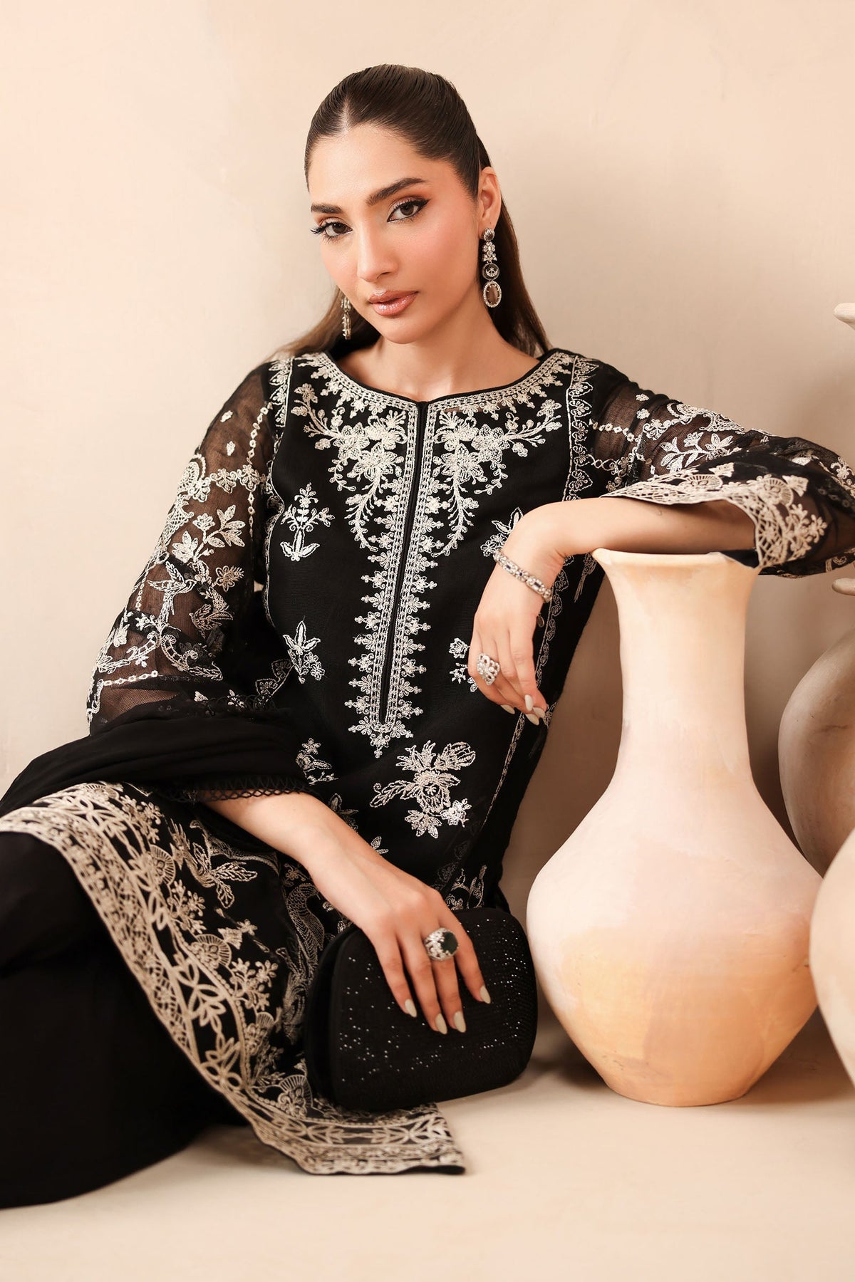 Maria B | Pre Fall Dresses | 3 Piece Embroidered Cotton Net Suit Black by Maria B - Designer Dress  - Type : Ladies Clothes - Available at Libayah - 100% Original 