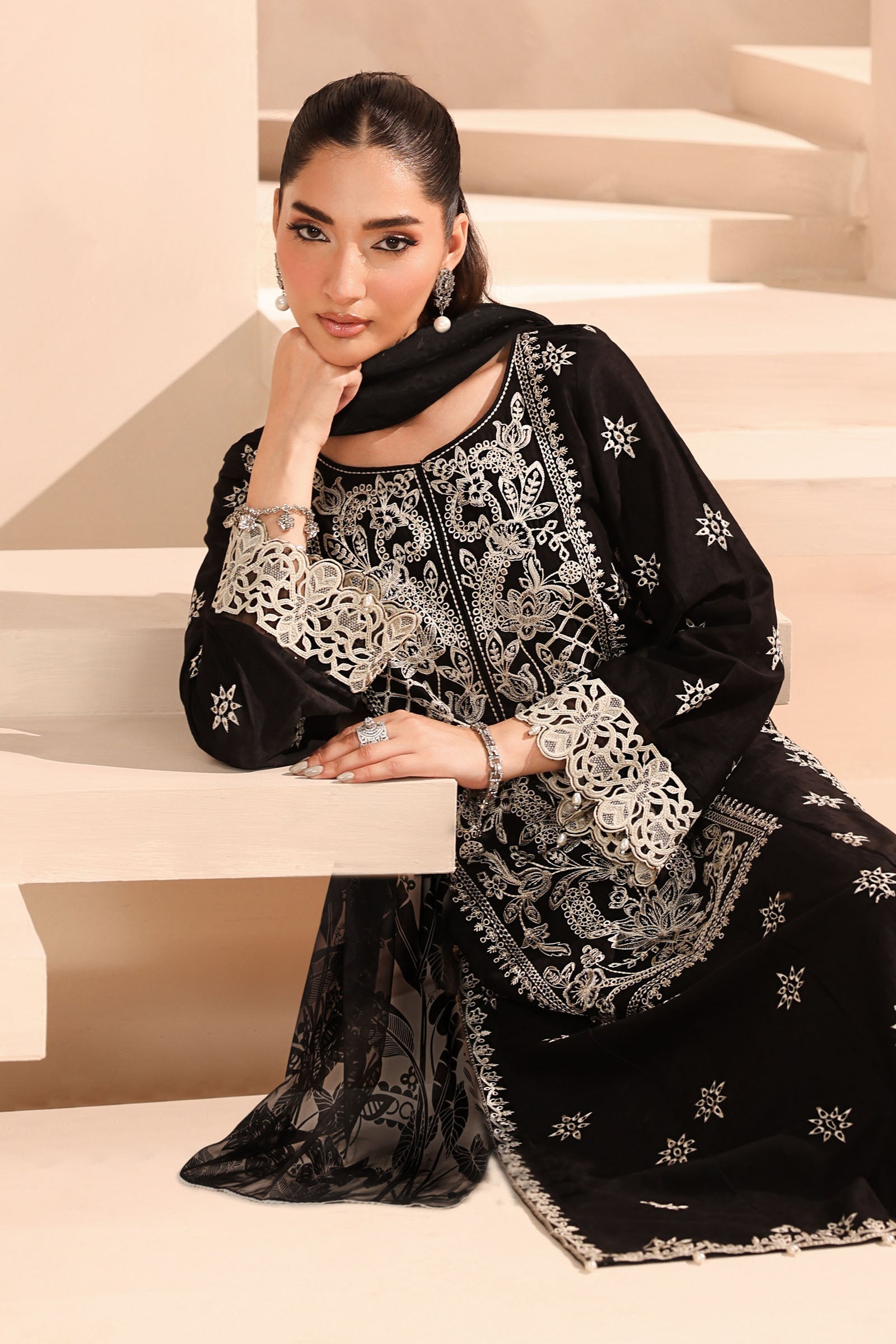 Maria B | Pre Fall Dresses | 3 Piece Embroidered Dobby Suit Black by Maria B - Designer Dress  - Type : Ladies Clothes - Available at Libayah - 100% Original 