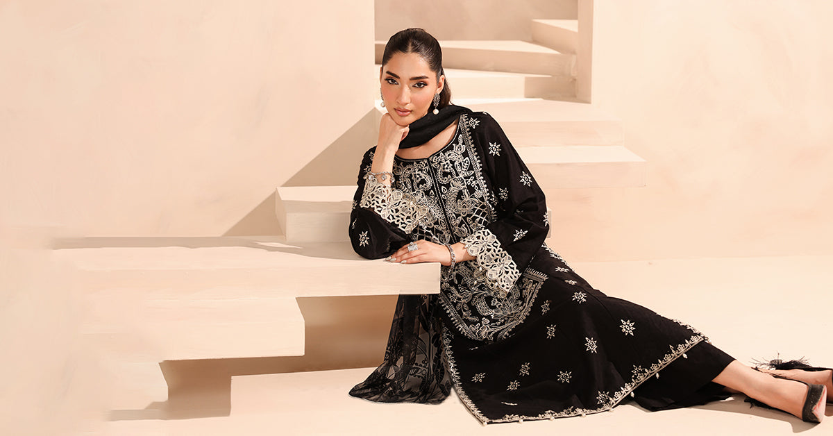 Maria B | Luxury Winter Pret 25 | DW-MN25-06-Black by Maria B - Designer Dress  - Type : Ladies Clothes - Available at Libayah - 100% Original 