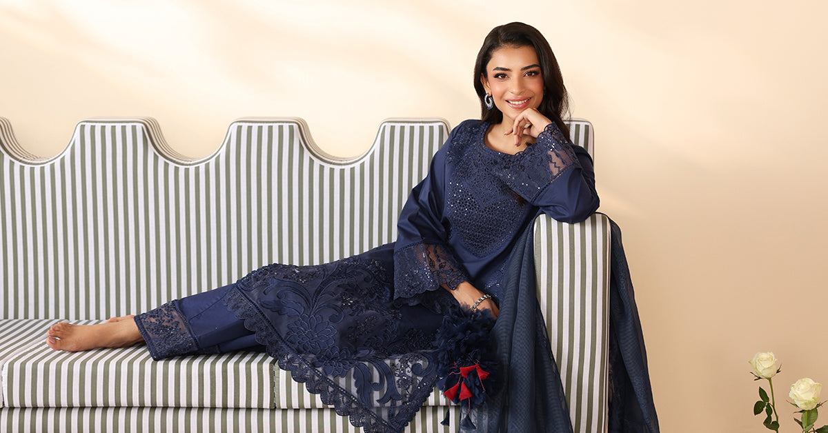 Maria B | Luxury Winter Pret 25 | DW-PF25-07-Blu by Maria B - Designer Dress  - Type : Ladies Clothes - Available at Libayah - 100% Original 