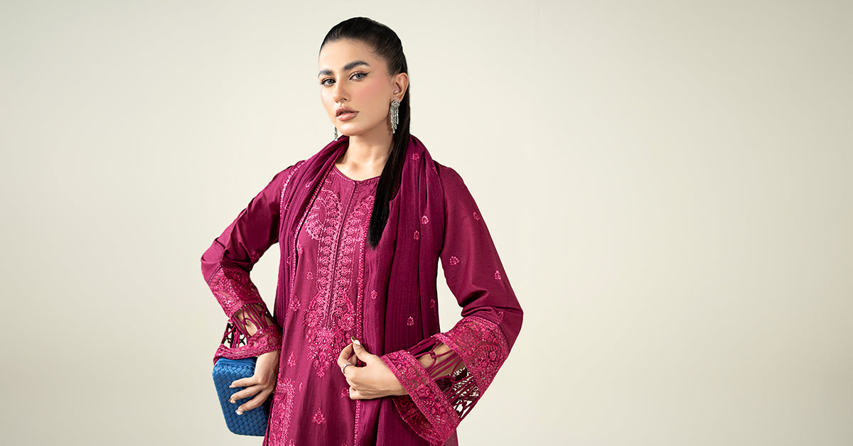 Maria B | Luxury Winter Pret 25 | DW-PF25-23-Magenta by Maria B - Designer Dress  - Type : Ladies Clothes - Available at Libayah - 100% Original 