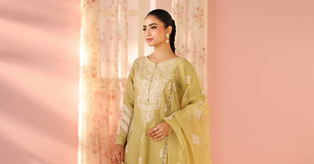 Maria B | Luxury Winter Pret 25 | DW-PF25-34-Light Green by Maria B - Designer Dress  - Type : Ladies Clothes - Available at Libayah - 100% Original 