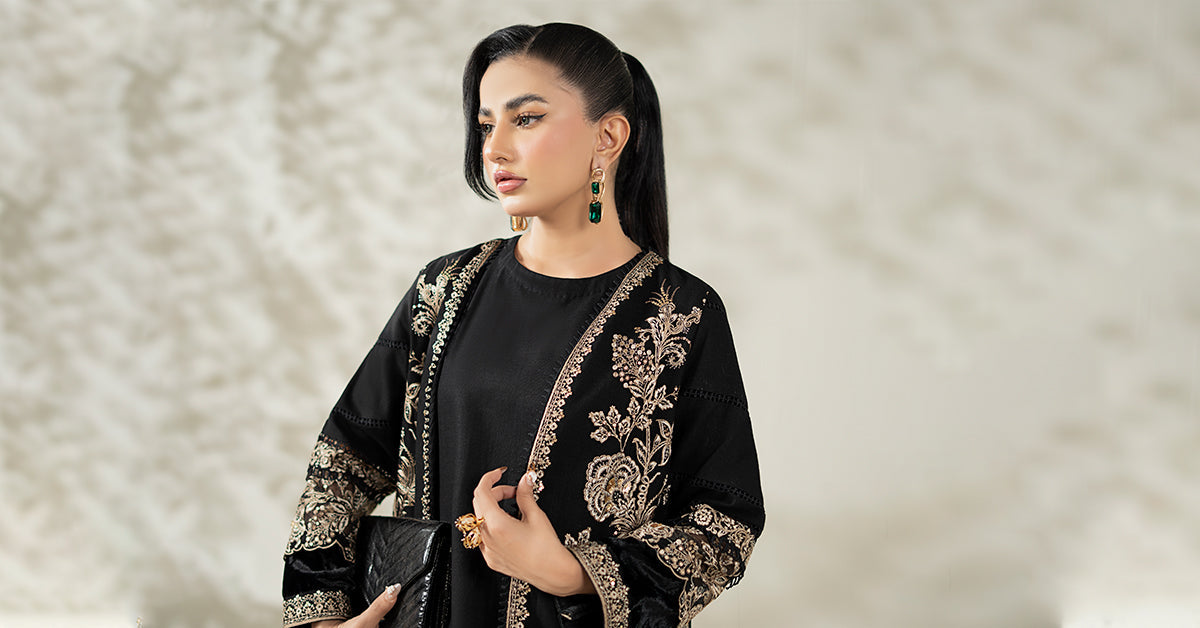 Maria B | Luxury Winter Pret 25 | DW-W25-43-Black by Maria B - Designer Dress  - Type : Ladies Clothes - Available at Libayah - 100% Original 