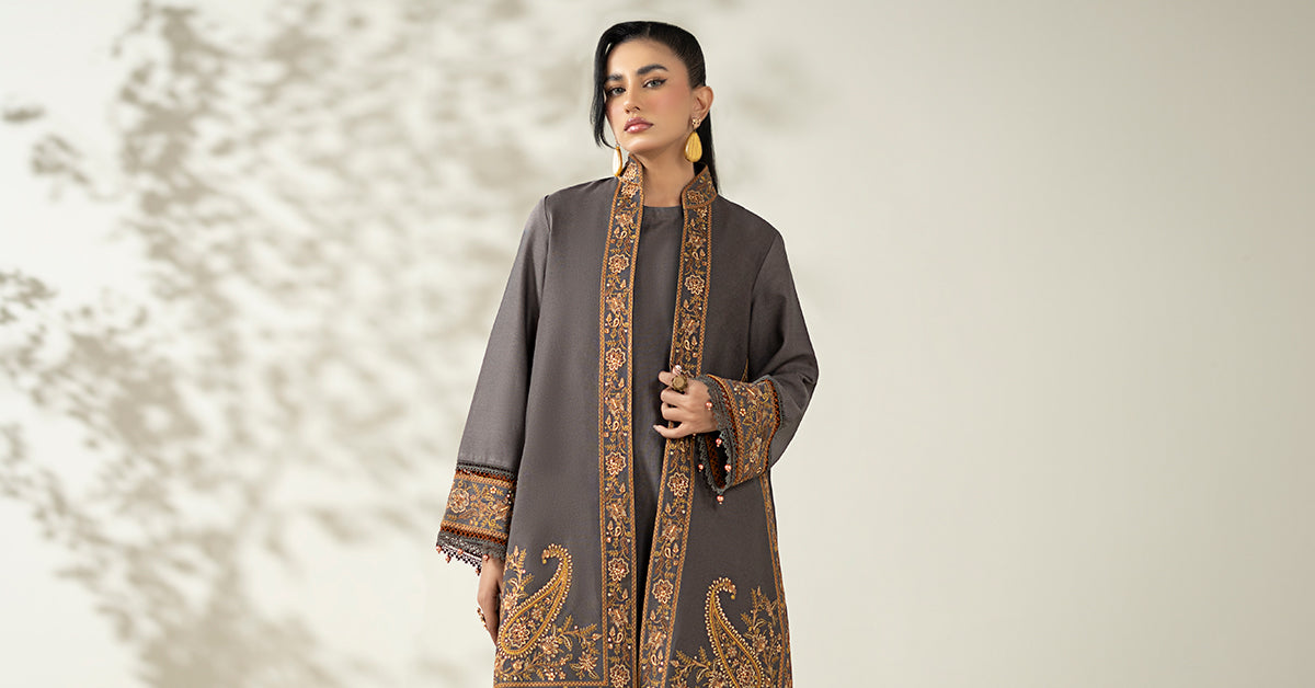 Maria B | Luxury Winter Pret 25 | DW-W25-49-Grey by Maria B - Designer Dress  - Type : Ladies Clothes - Available at Libayah - 100% Original 