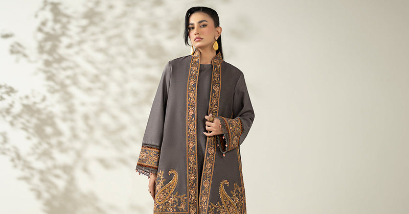 Maria B | Luxury Winter Pret 25 | DW-W25-49-Grey by Maria B - Designer Dress  - Type : Ladies Clothes - Available at Libayah - 100% Original 