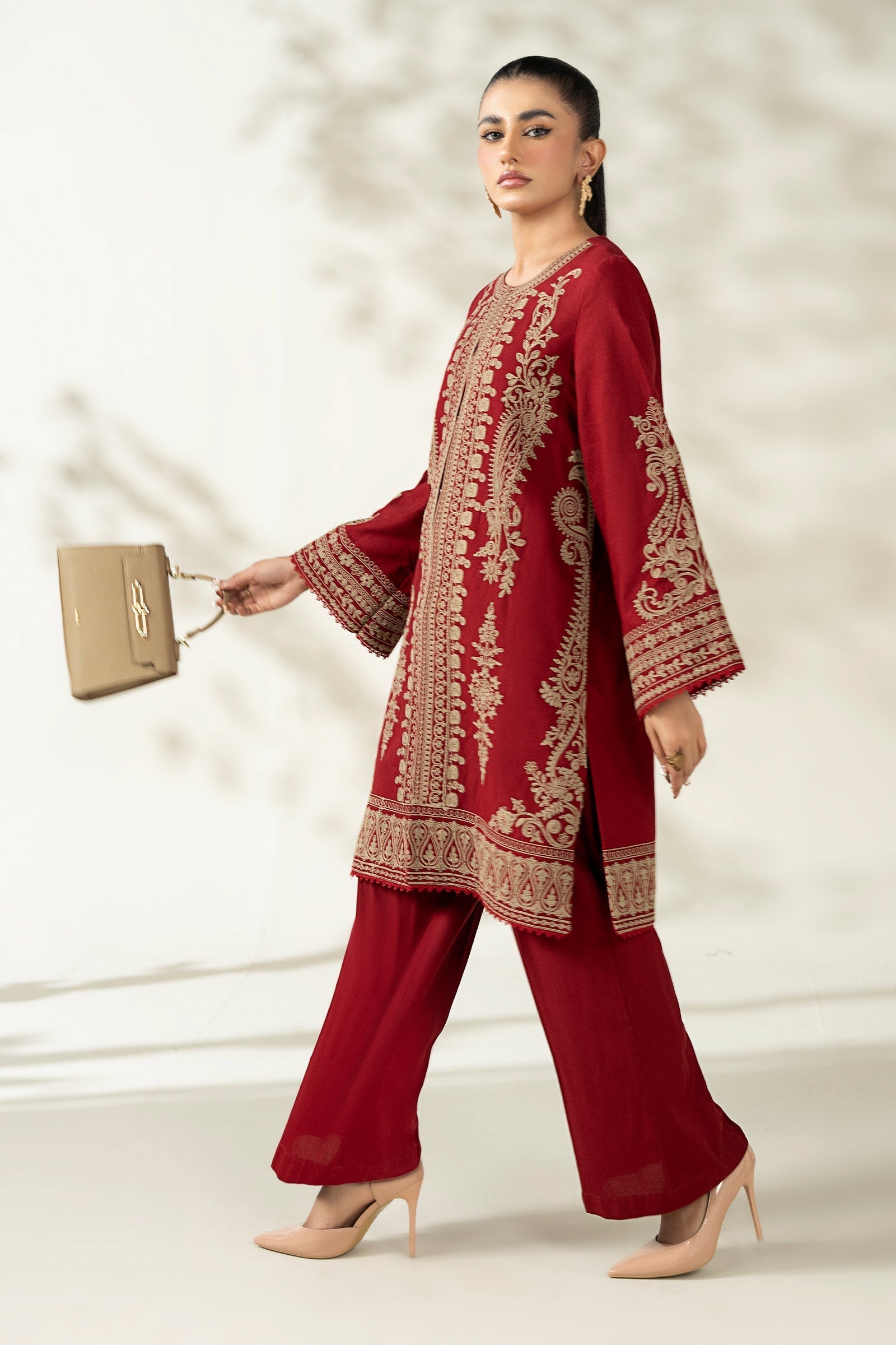 Maria B | Luxury Winter Pret 25 | DW-W25-58-Maroon by Maria B - Designer Dress  - Type : Ladies Clothes - Available at Libayah - 100% Original 