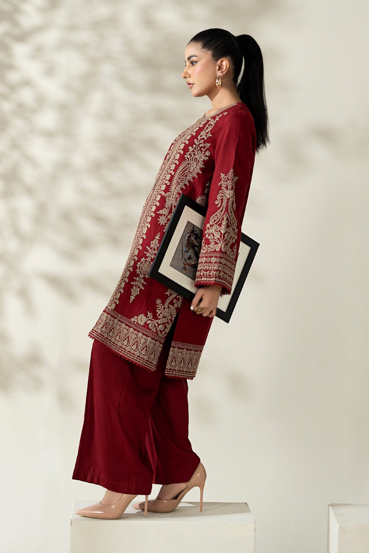 Maria B | Luxury Winter Pret 25 | DW-W25-58-Maroon by Maria B - Designer Dress  - Type : Ladies Clothes - Available at Libayah - 100% Original 
