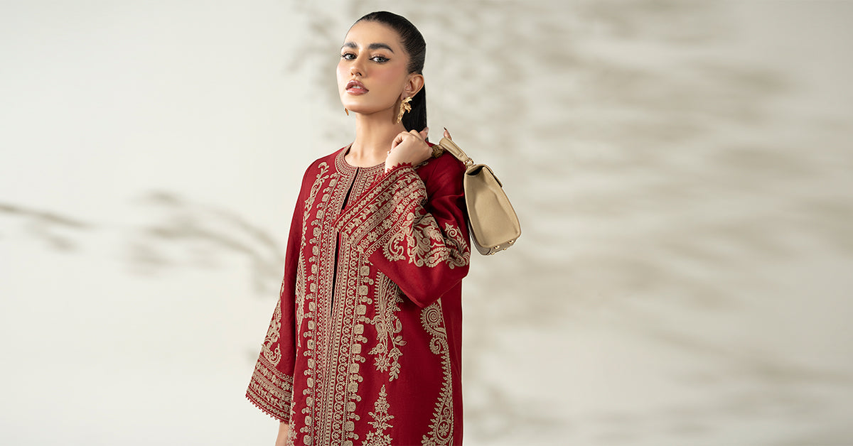 Maria B | Luxury Winter Pret 25 | DW-W25-58-Maroon by Maria B - Designer Dress  - Type : Ladies Clothes - Available at Libayah - 100% Original 