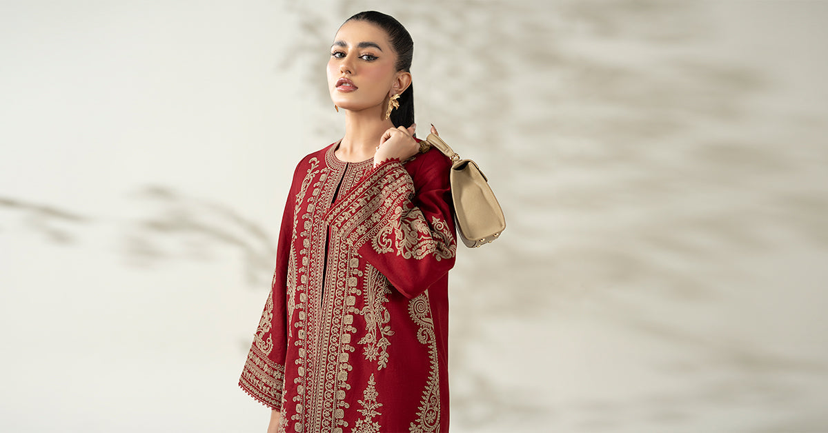 Maria B | Luxury Winter Pret 25 | DW-W25-58-Maroon by Maria B - Designer Dress  - Type : Ladies Clothes - Available at Libayah - 100% Original 