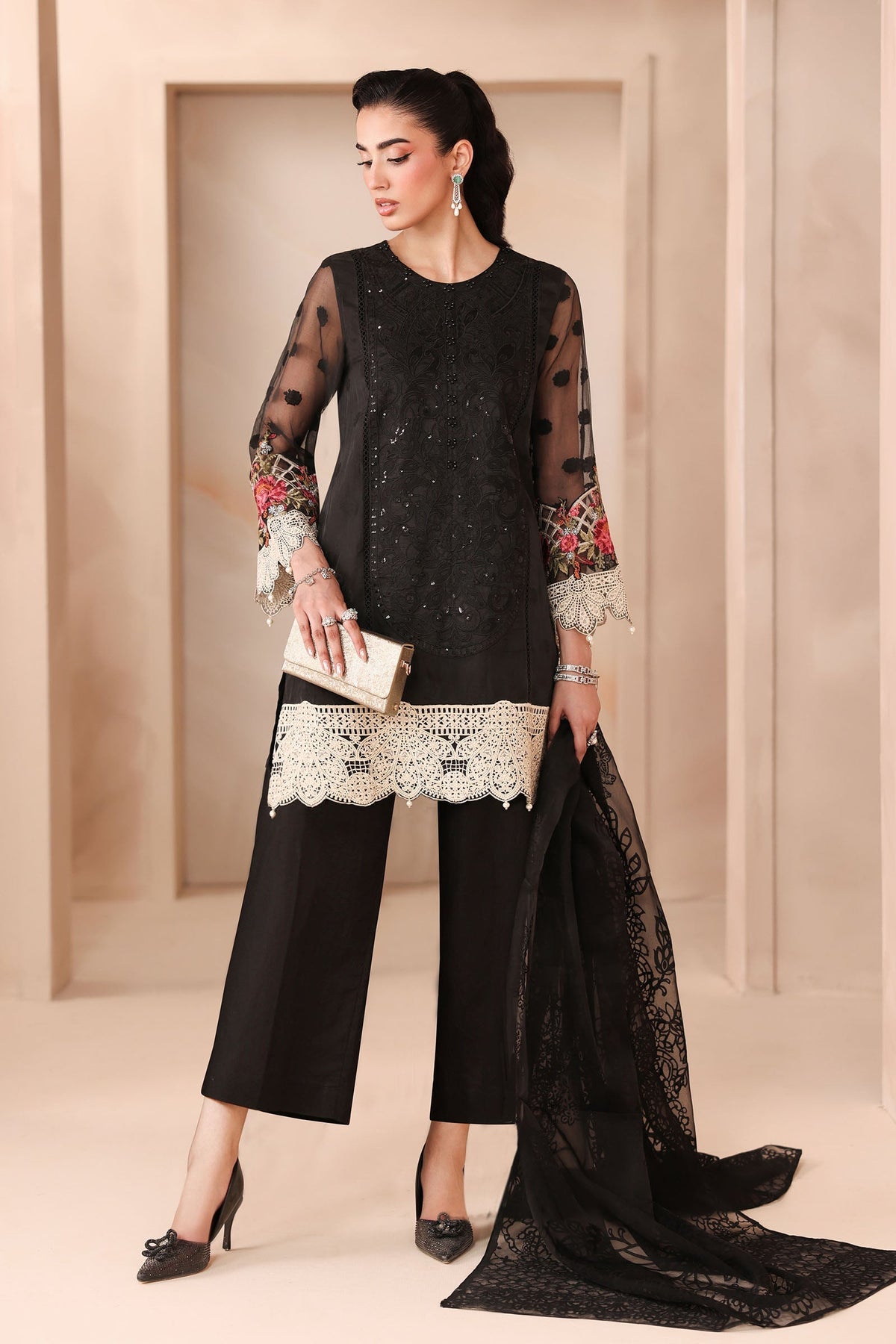 Maria B | Pre Fall Dresses | 3 Piece Embroidered Organza Jacquard Suit Black by Maria B - Designer Dress  - Type : Ladies Clothes - Available at Libayah - 100% Original 