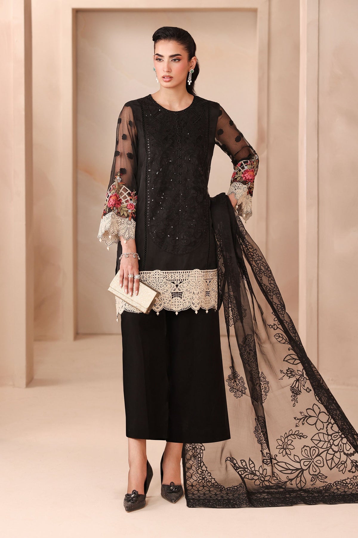 Maria B | Pre Fall Dresses | 3 Piece Embroidered Organza Jacquard Suit Black by Maria B - Designer Dress  - Type : Ladies Clothes - Available at Libayah - 100% Original 