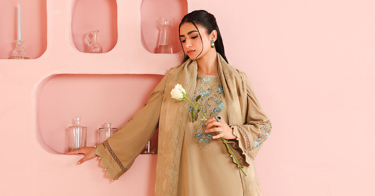 Maria B | Luxury Winter Pret 25 | DW-PF25-03-Coffee by Maria B - Designer Dress  - Type : Ladies Clothes - Available at Libayah - 100% Original 