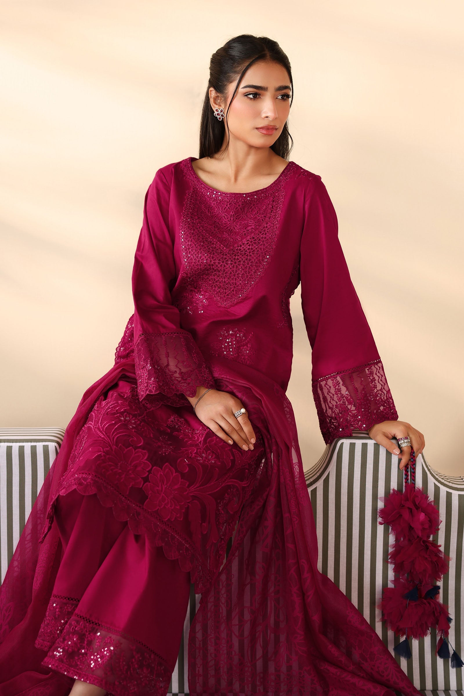 Maria B | Pre Fall Dresses | 3 Piece Embroidered Dobby Suit Maroon by Maria B - Designer Dress  - Type : Ladies Clothes - Available at Libayah - 100% Original 