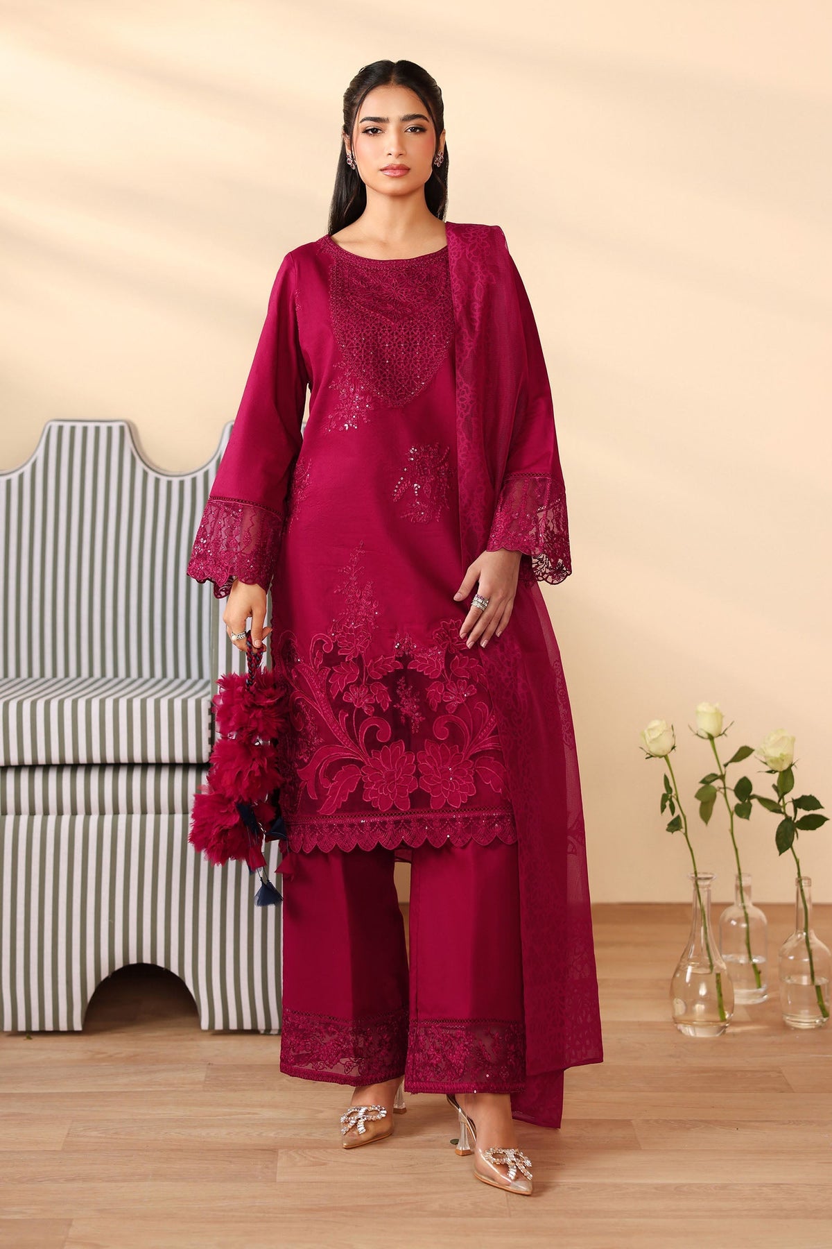 Maria B | Luxury Winter Pret 25 | DW-PF25-07-Maroon by Maria B - Designer Dress  - Type : Ladies Clothes - Available at Libayah - 100% Original 