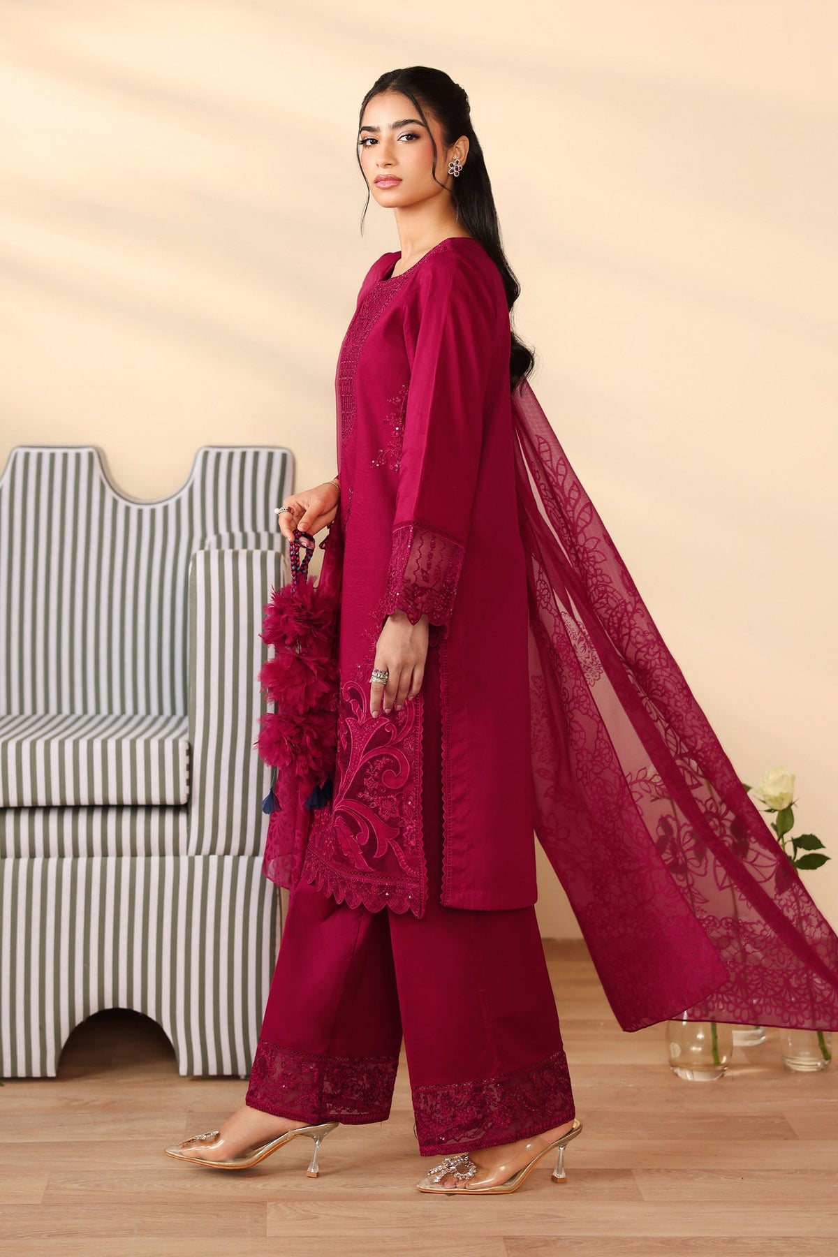 Maria B | Luxury Winter Pret 25 | DW-PF25-07-Maroon by Maria B - Designer Dress  - Type : Ladies Clothes - Available at Libayah - 100% Original 