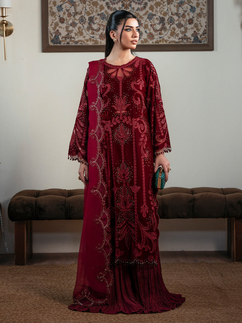 ROUGE – authentic Pakistani formal dress from the Faiza Faisal Solene Luxury Velvets collection for women in the UK