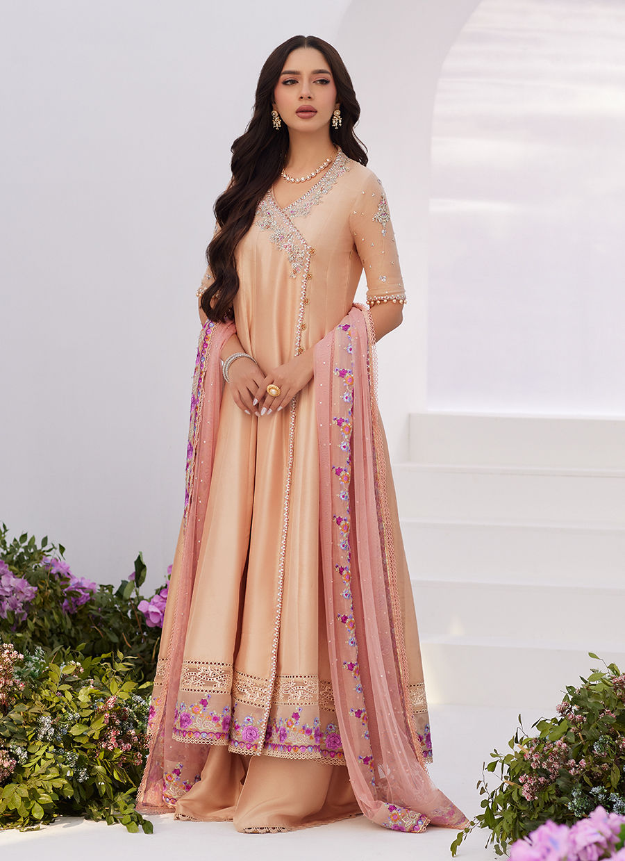 Farah Talib Aziz | Zaza Luxe Pret 24 | LISETTE FAWN EMBELLISHED RAW SILK ANGARKHA AND DUPATTA by Farah Talib Aziz - Designer Dress - Type: Ladies Clothes - Available at Libayah - 100% Original