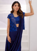 Farah Talib Aziz | Zaza Luxe Pret 24 | OCEAN NAVY DRAPED SAREE WITH CUTWORK EMBELLISHED CAPE by Farah Talib Aziz - Designer Dress - Type: Ladies Clothes - Available at Libayah - 100% Original