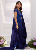 Farah Talib Aziz | Zaza Luxe Pret 24 | OCEAN NAVY DRAPED SAREE WITH CUTWORK EMBELLISHED CAPE by Farah Talib Aziz - Designer Dress - Type: Ladies Clothes - Available at Libayah - 100% Original