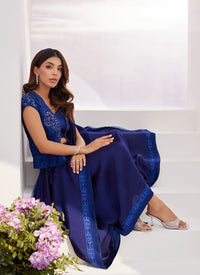 Farah Talib Aziz | Zaza Luxe Pret 24 | OCEAN NAVY DRAPED SAREE WITH CUTWORK EMBELLISHED CAPE by Farah Talib Aziz - Designer Dress - Type: Ladies Clothes - Available at Libayah - 100% Original