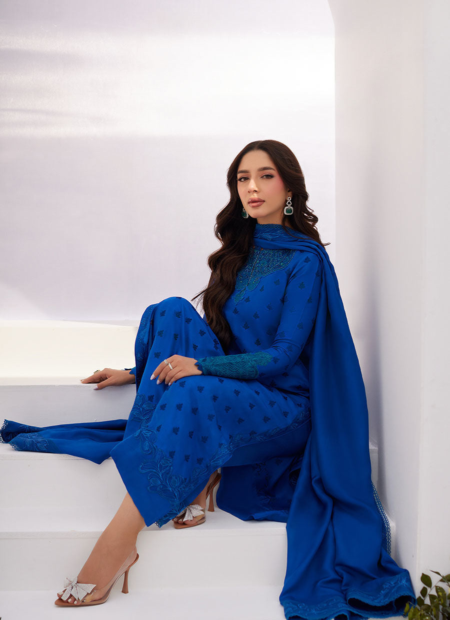 Farah Talib Aziz | Zaza Luxe Pret 24 | CHARR BLUE EMBROIDERED RAW SILK SHIRT AND DUPATTA by Farah Talib Aziz - Designer Dress - Type: Ladies Clothes - Available at Libayah - 100% Original