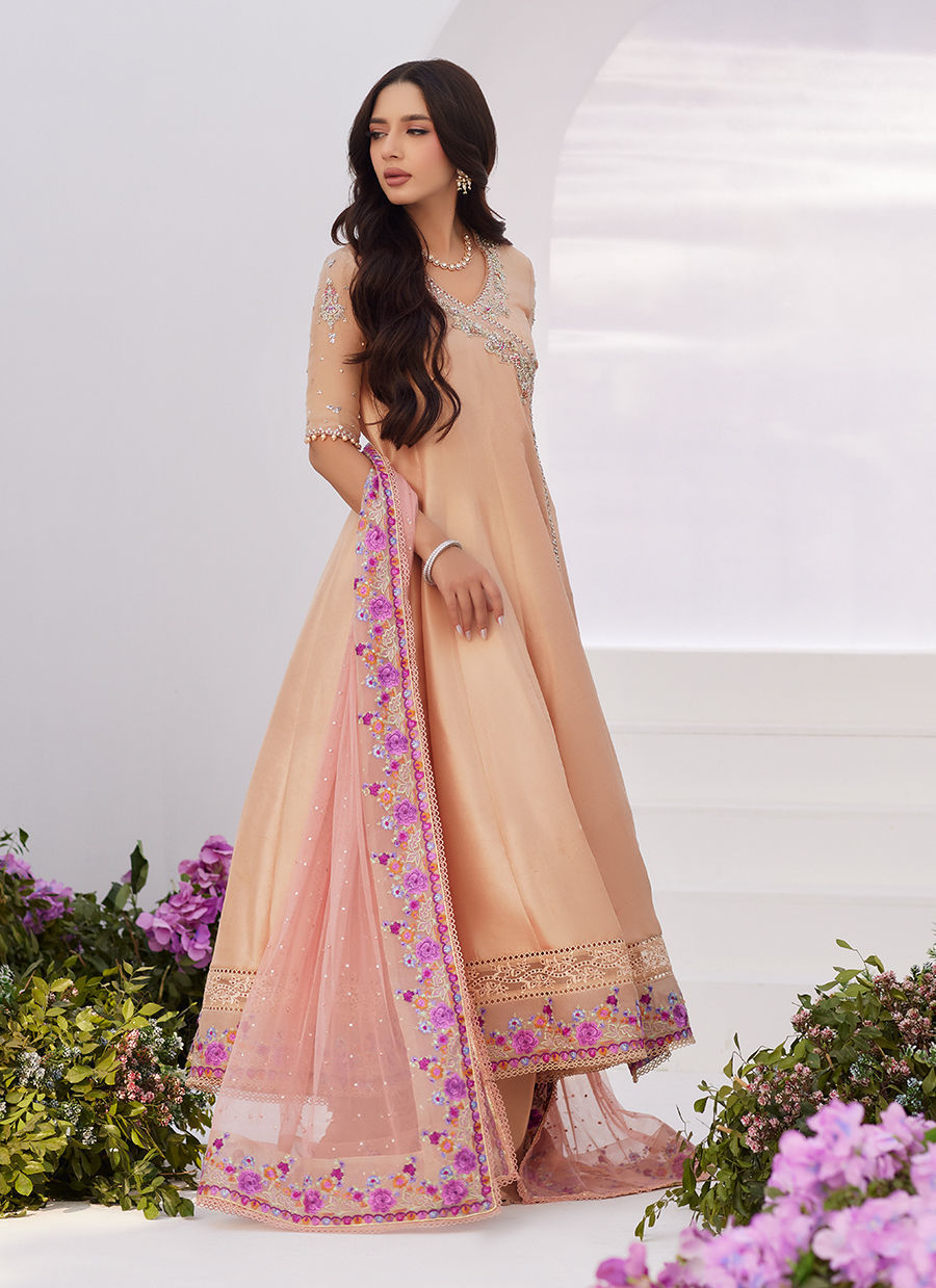 Farah Talib Aziz | Zaza Luxe Pret 24 | LISETTE FAWN EMBELLISHED RAW SILK ANGARKHA AND DUPATTA by Farah Talib Aziz - Designer Dress - Type: Ladies Clothes - Available at Libayah - 100% Original