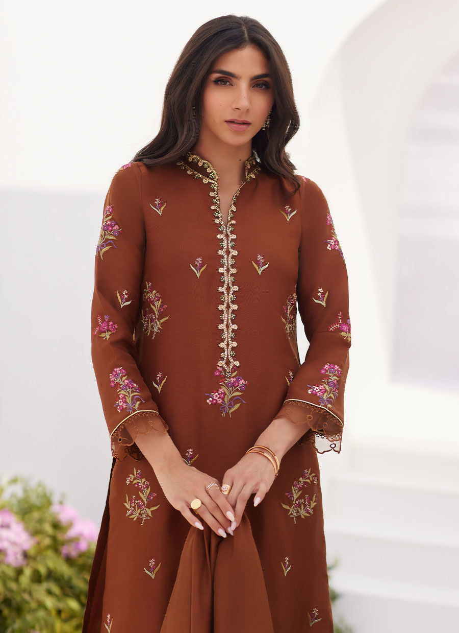 Farah Talib Aziz | Zaza Luxe Pret 24 | NOEMIE CHOCOLATE EMBROIDERED RAW SILK SHIRT AND DUPATTA by Farah Talib Aziz - Designer Dress - Type: Ladies Clothes - Available at Libayah - 100% Original