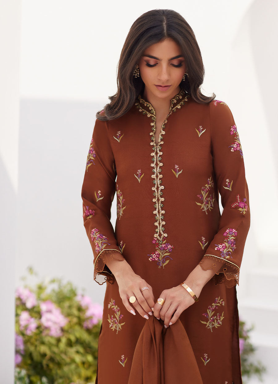 Farah Talib Aziz | Zaza Luxe Pret 24 | NOEMIE CHOCOLATE EMBROIDERED RAW SILK SHIRT AND DUPATTA by Farah Talib Aziz - Designer Dress - Type: Ladies Clothes - Available at Libayah - 100% Original