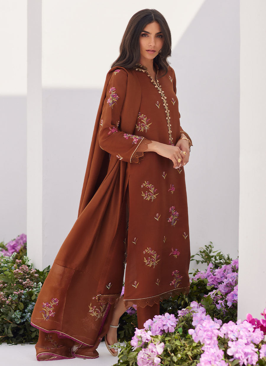 Farah Talib Aziz | Zaza Luxe Pret 24 | NOEMIE CHOCOLATE EMBROIDERED RAW SILK SHIRT AND DUPATTA by Farah Talib Aziz - Designer Dress - Type: Ladies Clothes - Available at Libayah - 100% Original