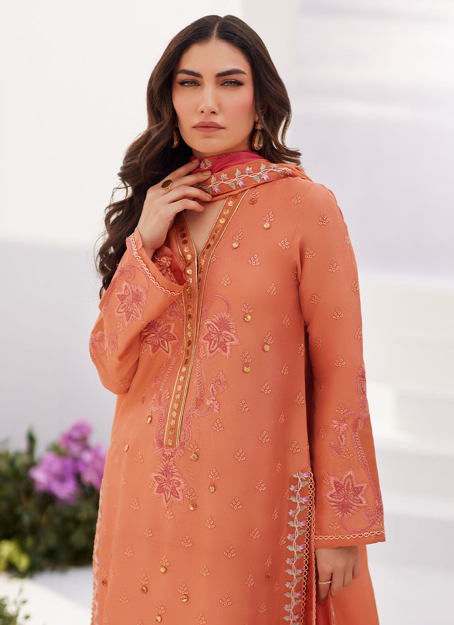 Farah Talib Aziz | Zaza Luxe Pret 24 | ELYNA CORAL EMBROIDERED RAW SILK SHIRT AND DUPATTA by Farah Talib Aziz - Designer Dress - Type: Ladies Clothes - Available at Libayah - 100% Original