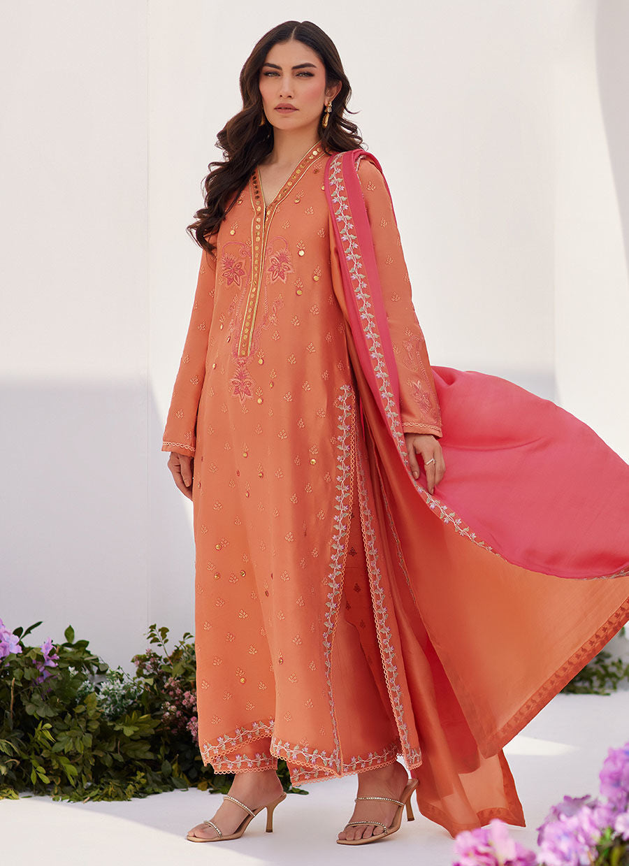 Farah Talib Aziz | Zaza Luxe Pret 24 | ELYNA CORAL EMBROIDERED RAW SILK SHIRT AND DUPATTA by Farah Talib Aziz - Designer Dress - Type: Ladies Clothes - Available at Libayah - 100% Original