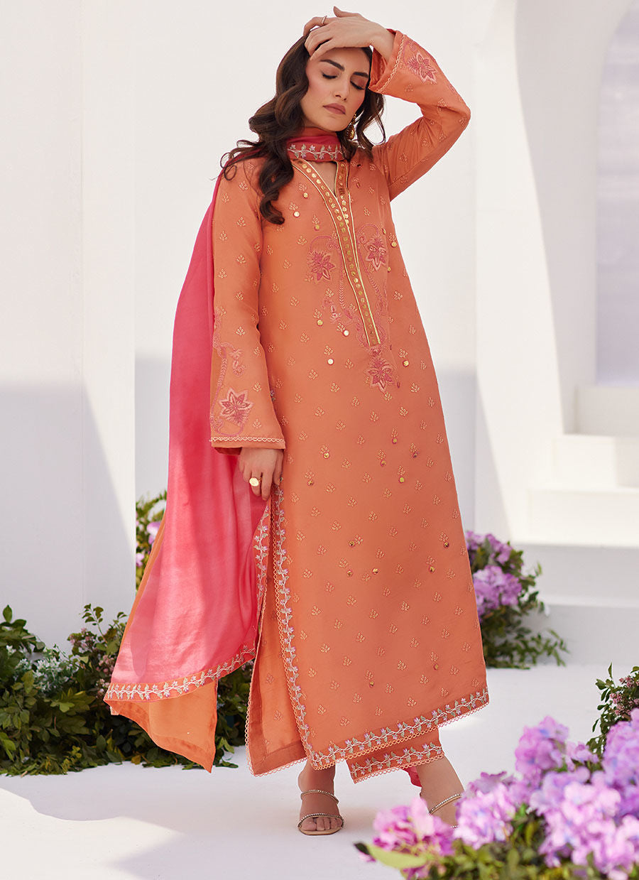 Farah Talib Aziz | Zaza Luxe Pret 24 | ELYNA CORAL EMBROIDERED RAW SILK SHIRT AND DUPATTA by Farah Talib Aziz - Designer Dress - Type: Ladies Clothes - Available at Libayah - 100% Original