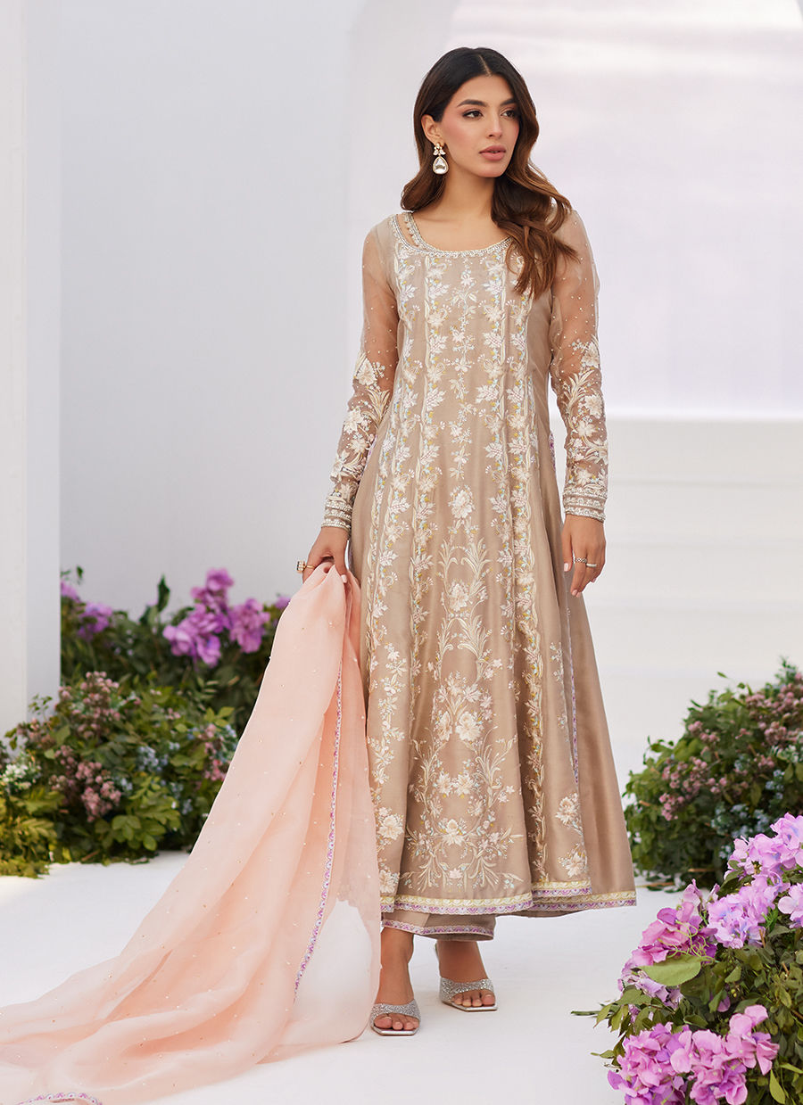 Farah Talib Aziz | Zaza Luxe Pret 24 | CHARLENE SAND EMBROIDERED KALIDAAR WITH DUPATTA by Farah Talib Aziz - Designer Dress - Type: Ladies Clothes - Available at Libayah - 100% Original