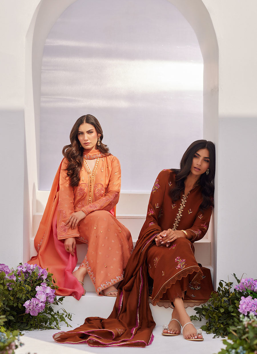 Farah Talib Aziz | Zaza Luxe Pret 24 | ELYNA CORAL EMBROIDERED RAW SILK SHIRT AND DUPATTA by Farah Talib Aziz - Designer Dress - Type: Ladies Clothes - Available at Libayah - 100% Original